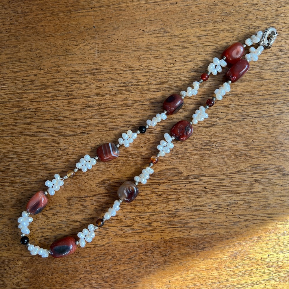 Freshwater Pearl Carnelian Necklace White Red Agate Beaded Boho Statement - Picture 5 of 9